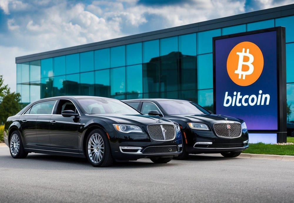 A sleek sedan and limousine parked in front of a modern building, with a digital Bitcoin logo displayed prominently on a sign