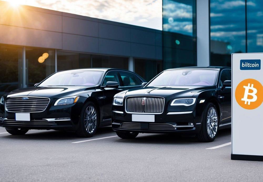A sleek sedan and luxurious limousine parked outside with a Bitcoin logo displayed prominently on the payment terminal