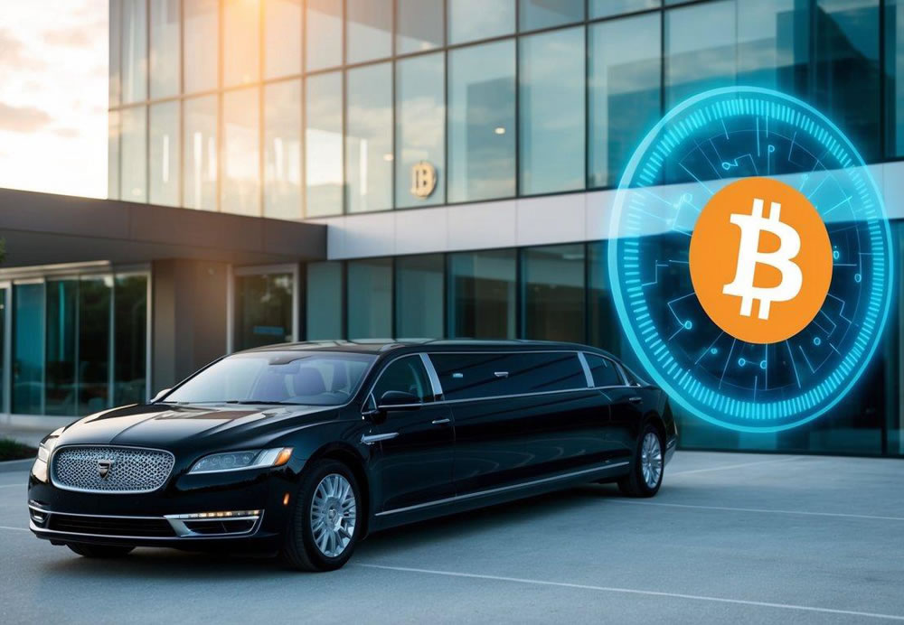 A luxury sedan and limousine parked outside a modern office building, with a digital Bitcoin payment logo displayed prominently on the vehicle's exterior