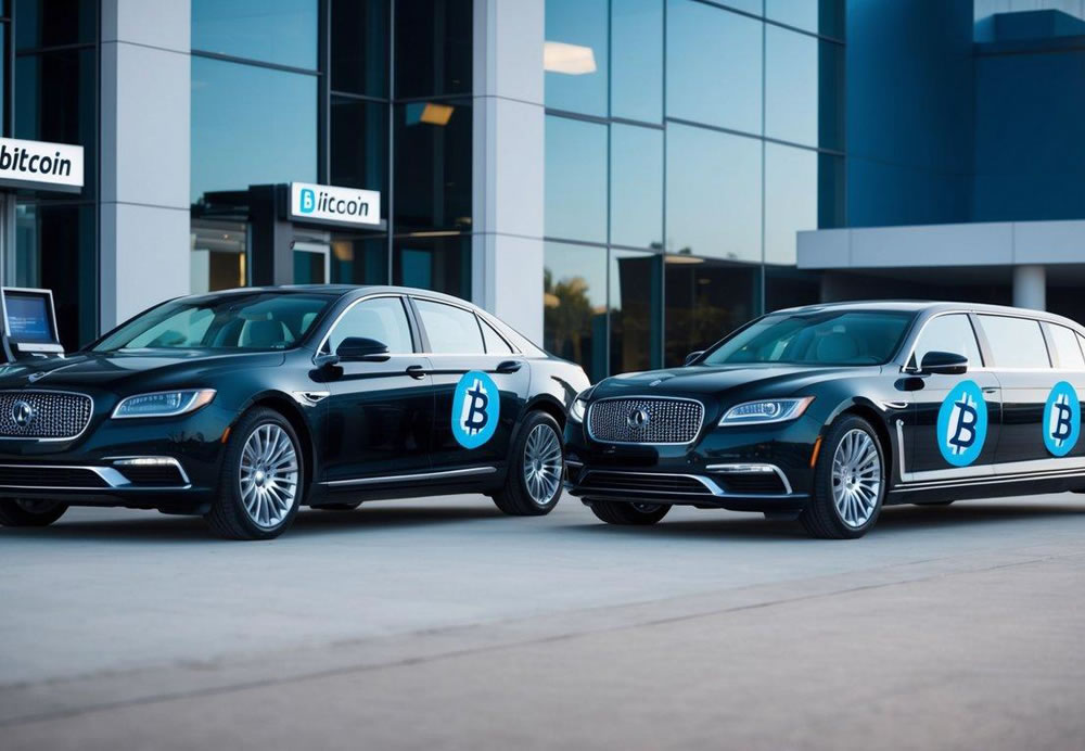 A sleek sedan and limousine parked outside a futuristic building, with a prominent Bitcoin logo displayed on their payment terminals