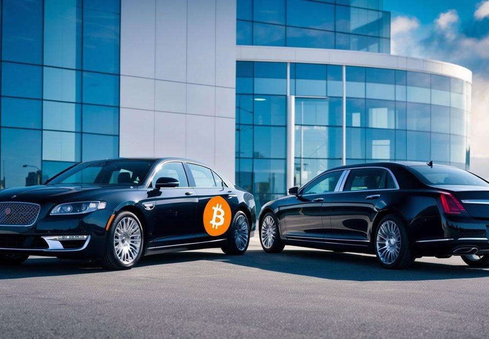 A sleek sedan and luxurious limousine parked outside a modern office building, with a prominent Bitcoin logo displayed on the door