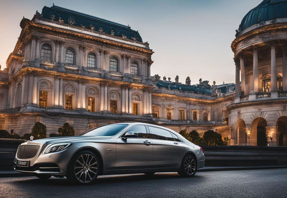 A car parked in front of a large building
