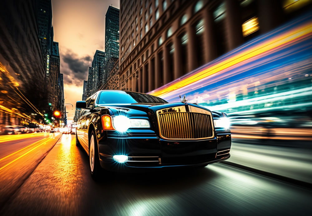 a limo driving through a cityscape