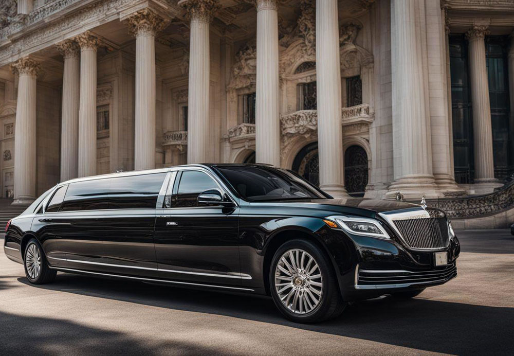 A black limousine parked in front of a building